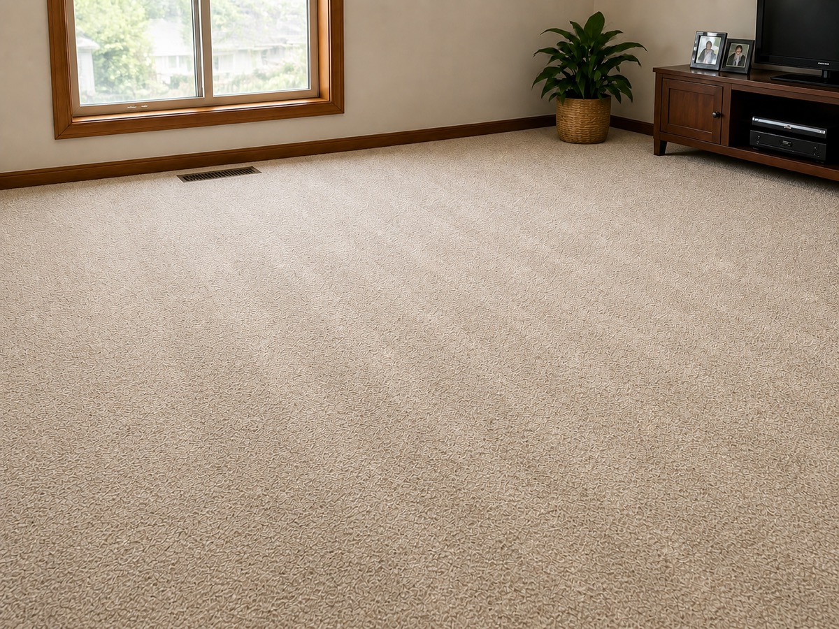 After: Wide living room with a deeply soiled beige carpet, then the same room after cleaning