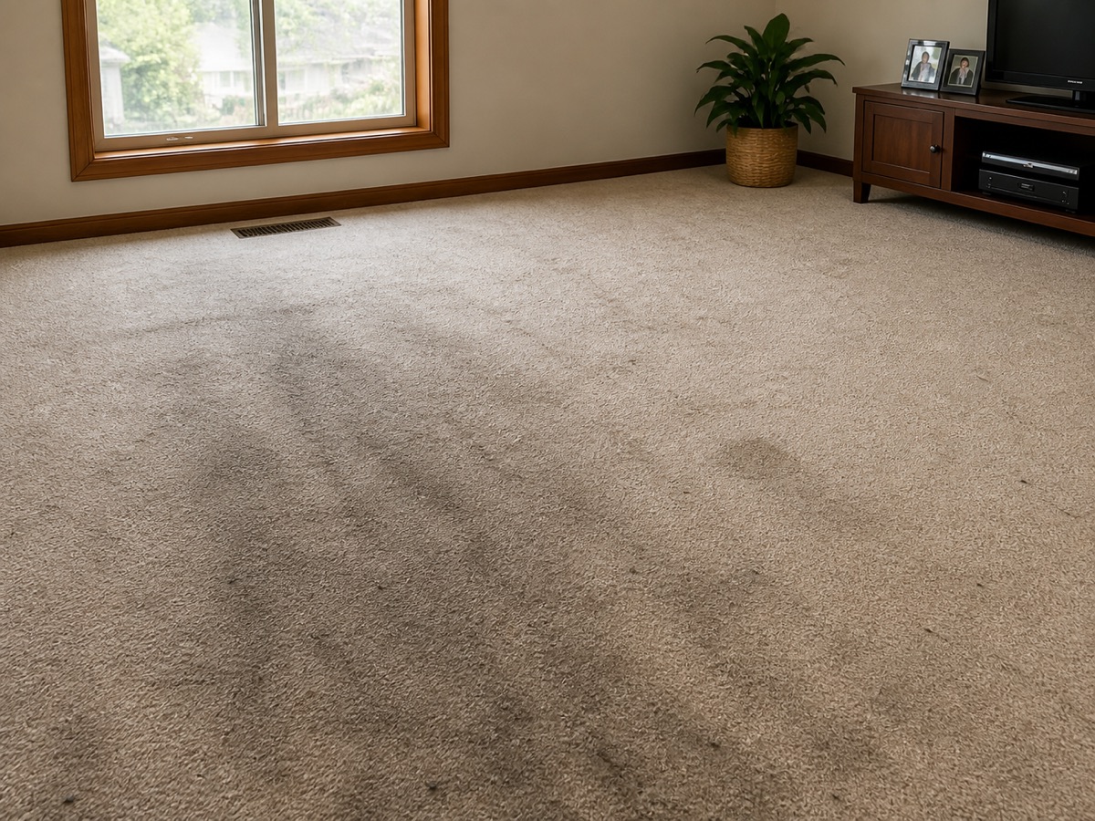 Before: Wide living room with a deeply soiled beige carpet, then the same room after cleaning