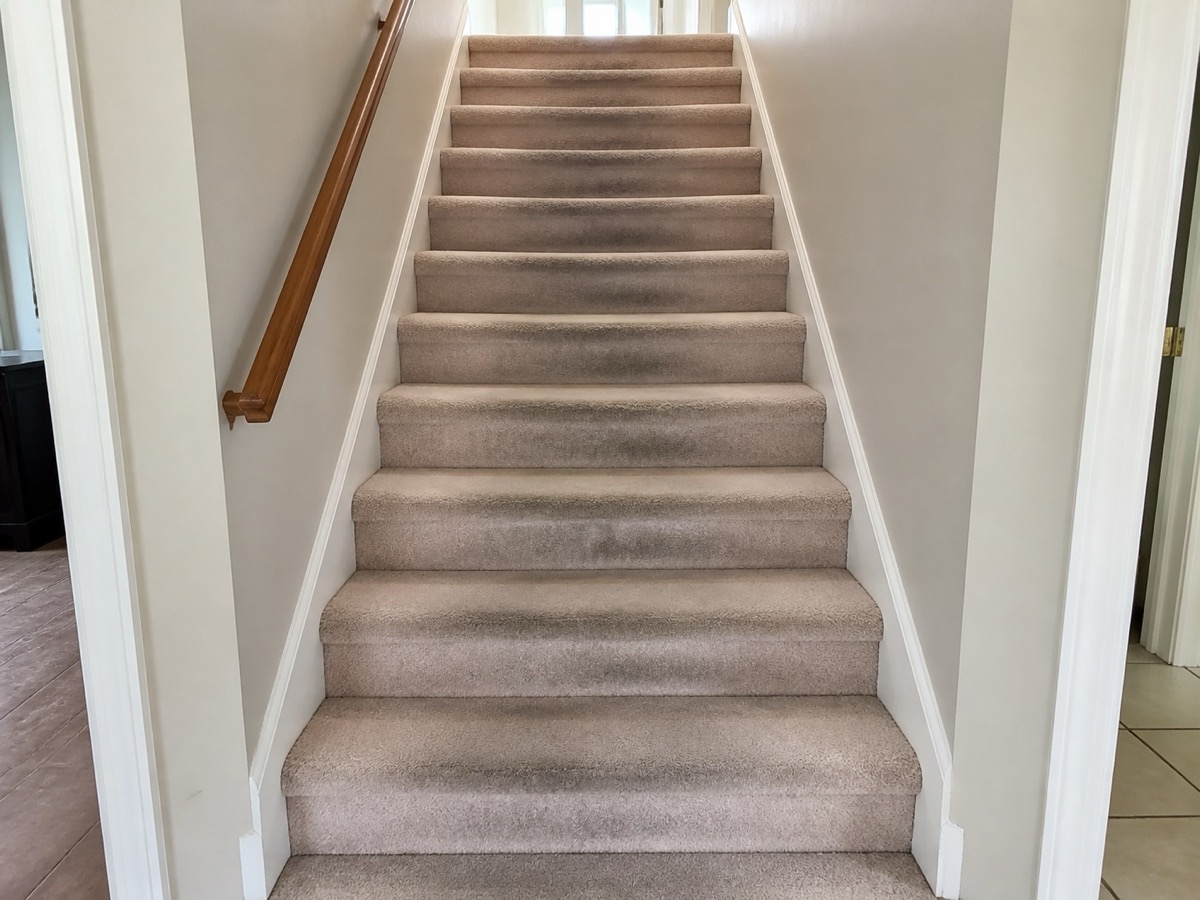 Before: A carpeted staircase worn down the middle of each step, then the same stairs after cleaning