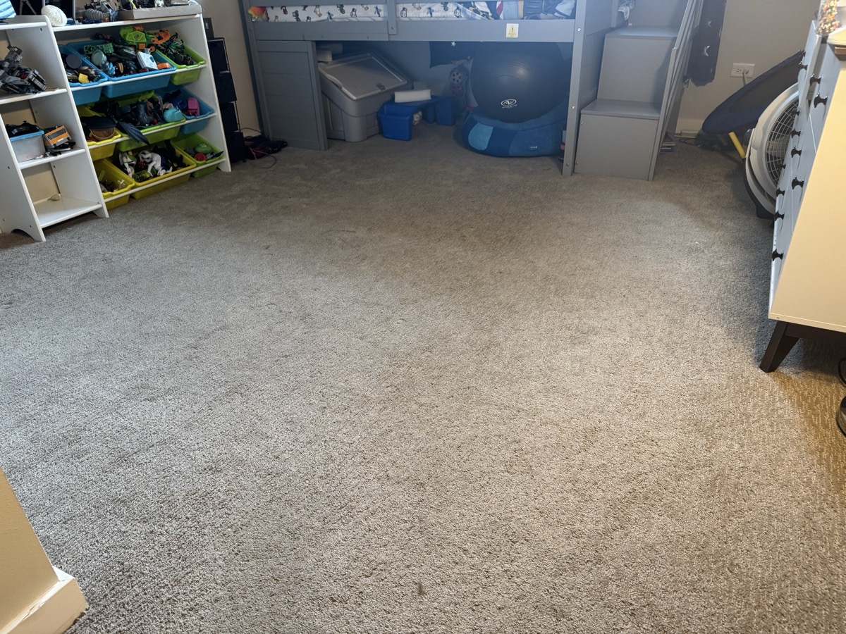 Before: Bedroom carpet with traffic soil and scattered spots