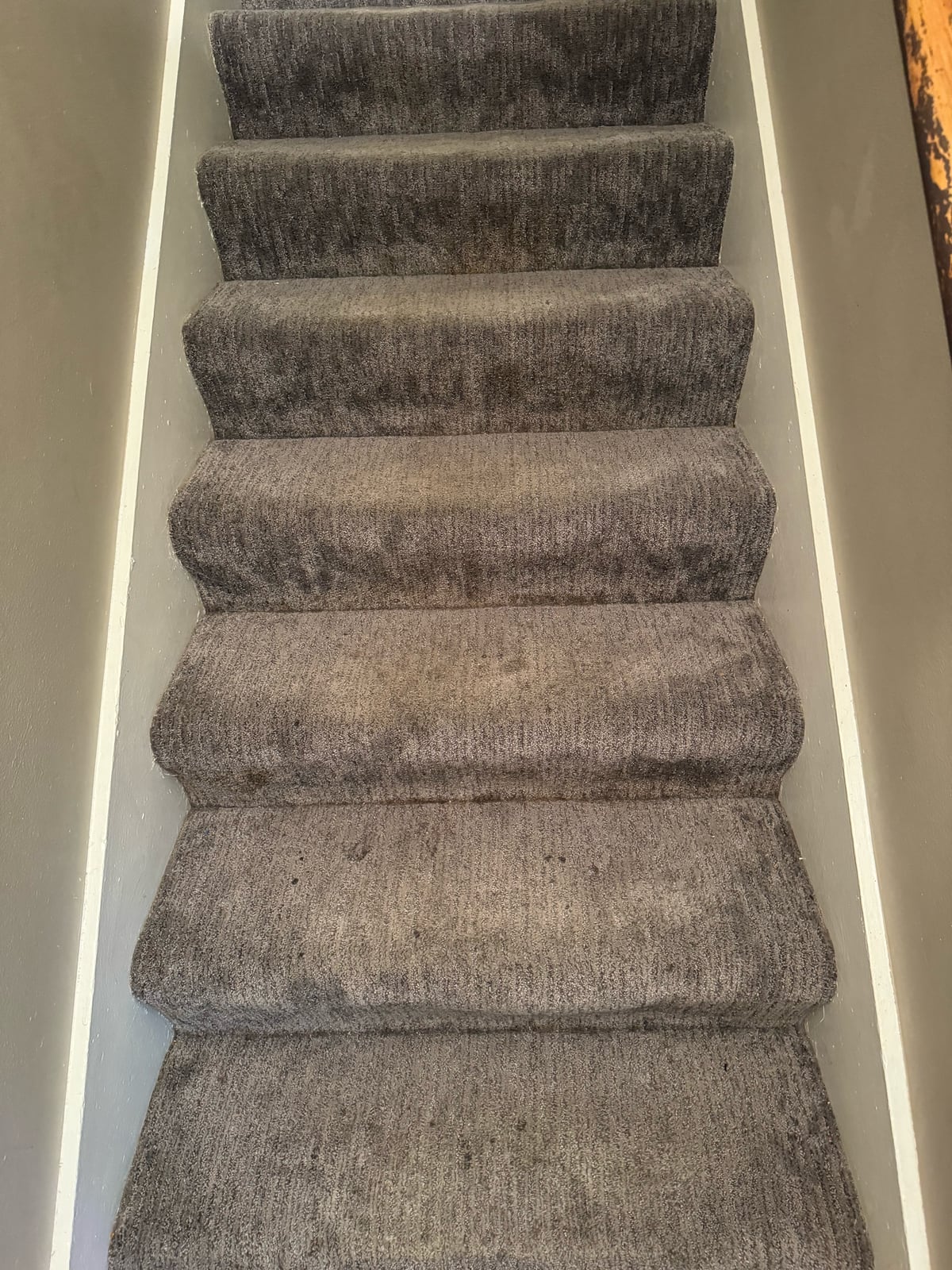 Before: Gray carpeted staircase with heavy traffic soil